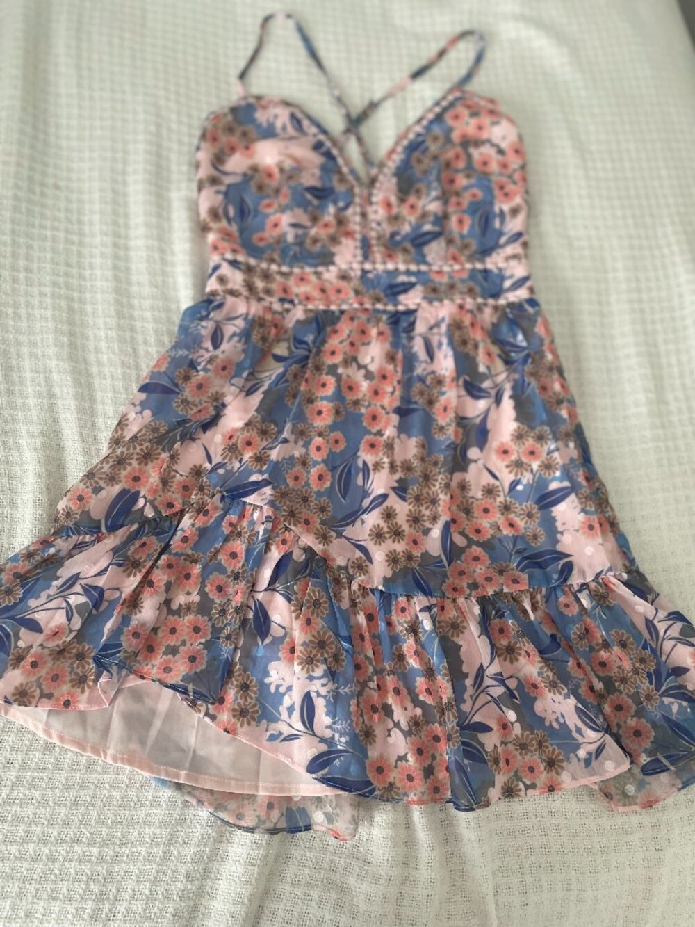 NWT Sage and Paije Pink Blue Floral Mini Dress Spaghetti Straps Small